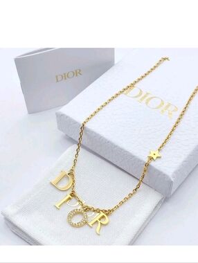 Dior Gold Letter Pendant Necklace with Pavé 'O' and Star Detail